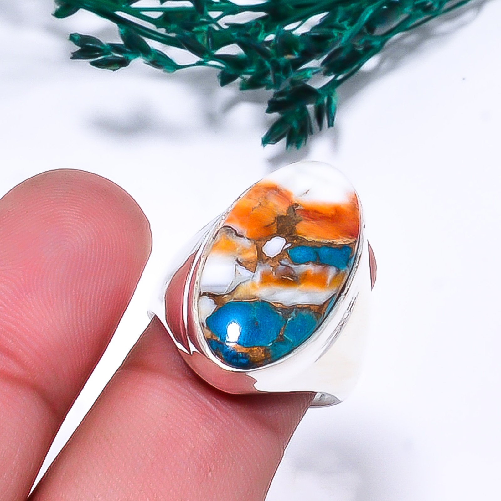 Copper Spiny Oyster Arizona Turquoise 925 Sterling Silver Ring S.7.5 R115130