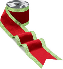 4" Red Christmas Velvet Wired Ribbon with Lime Green Glitter Stripe Edges - 10 Y