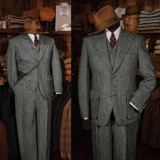 Herringbone Tweed Men Suits Regular Fit Notch Lapel Formal Tuxedos Wool Blend