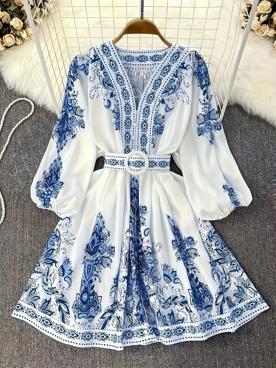 Women Boho Floral Print Mini Long Sleeve High Waist Flowy Skater Dress Sz M Women Boho Floral Print Mini Long Sleeve High Waist Flowy Skater Dress Sz M