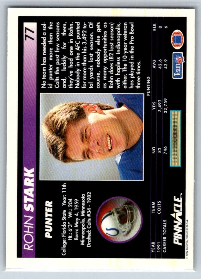 1992 Pinnacle #77 Rohn Stark Indianapolis Colts - Image 2 of 2