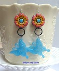 Blue Butterflies orange Flower Earrings Statement Handmade Colorful Garden FUN — photo 2
