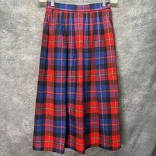 Vintage Plaid Midi Skirt Red Blue Tartan Pleated Wool Blend Made in USA Size 8