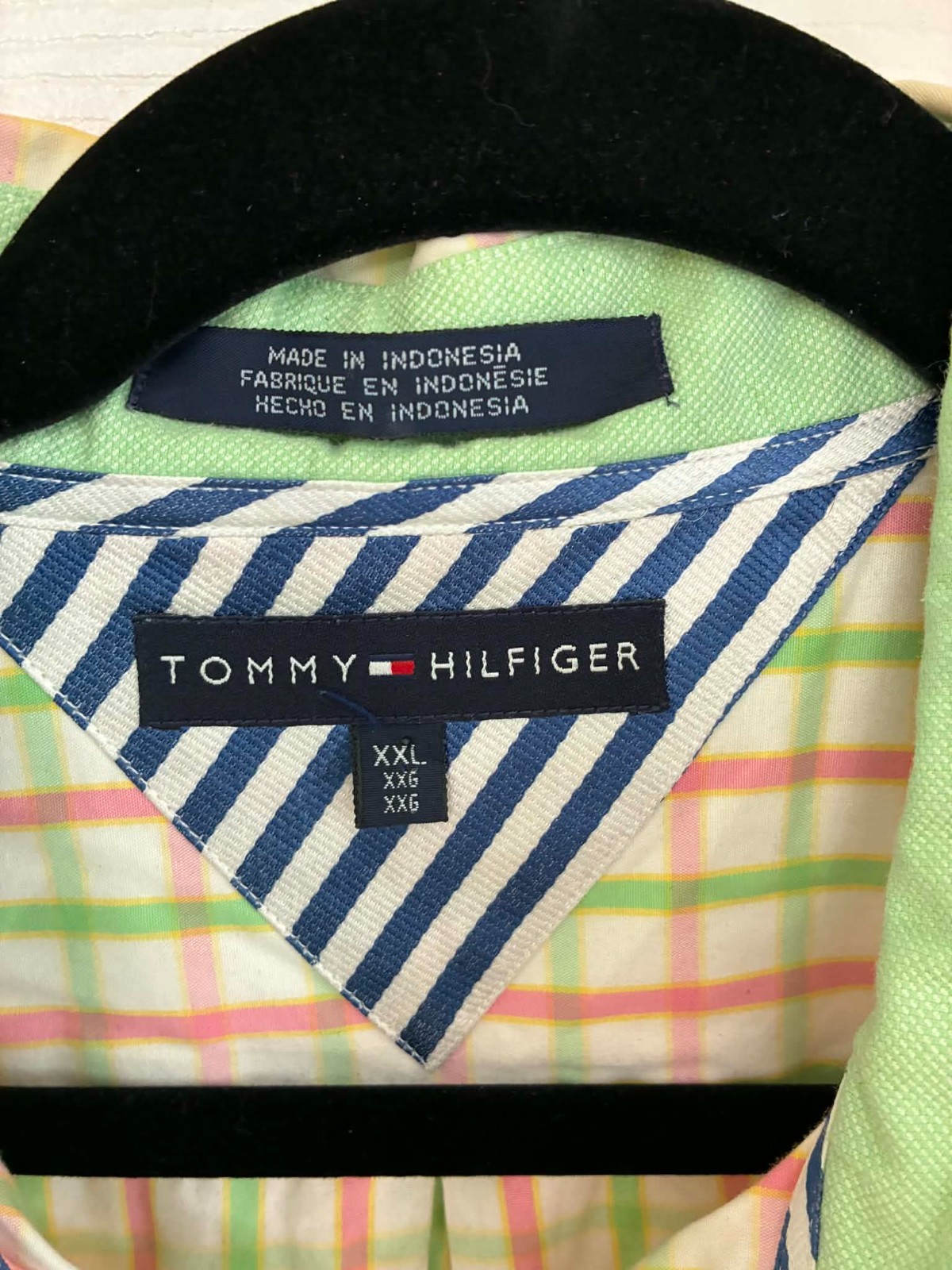 Tommy Hilfiger Men's XXL Plaid Button Down Shirt Crest Logo Cotton Green Pink thumbnail 3