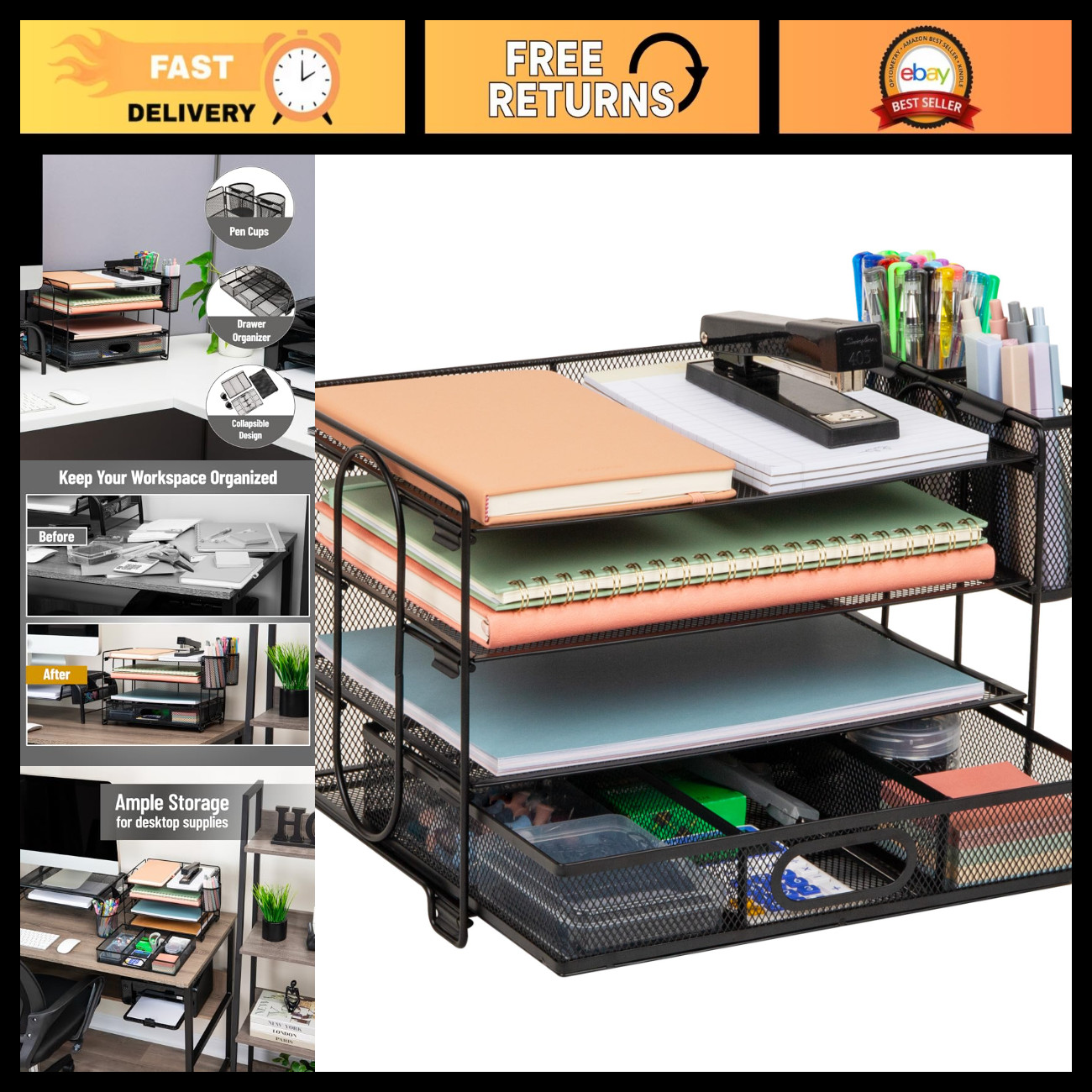 Metal Mesh Desk Organizer with 3 Trays, 1 Drawer & 2 Pen Holders - Office Storag
