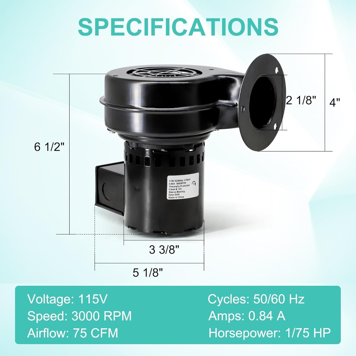 Draft Inducer Blower Fan – 115V 75 CFM for Furnace Pellet Stove Wood Stove HVAC