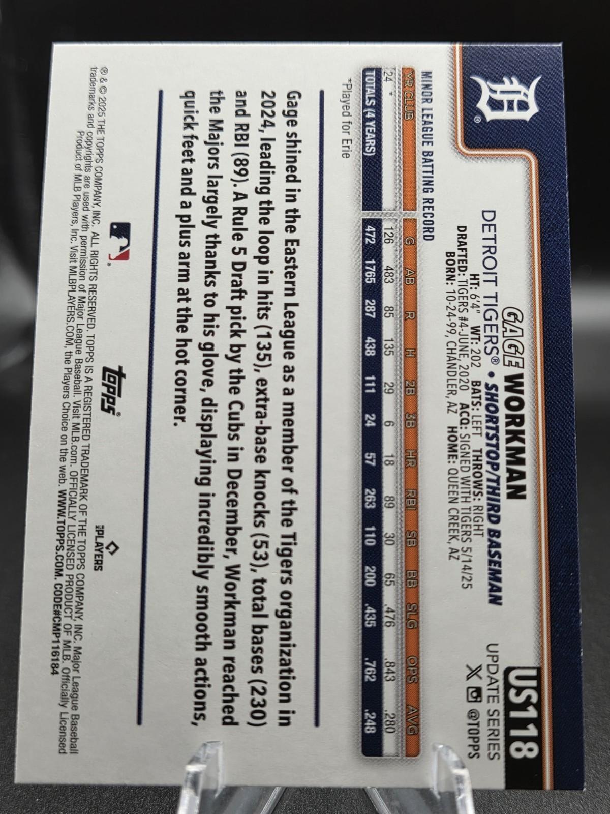 Gage Workman 2025 Topps Update Sandglitter RC #US118