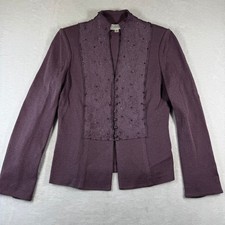 St John Evening Santana Knit Jacket Plum Purple Beaded Trim Button Front Size 6