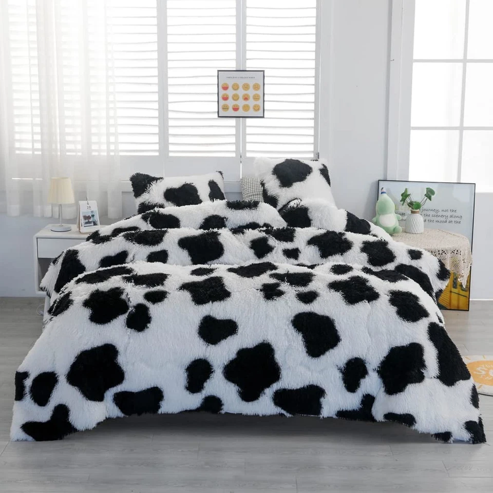 Juegos de edredón Chovy de piel sintética teñida con corbata estampado de vaca negro blanco King - 3 piezas cama S... Foto 2 de 4