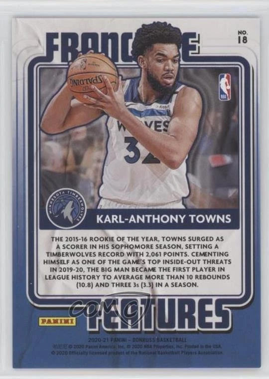 2020 Panini Donruss Franchise Features Purple Laser /15 Karl-Anthony Towns #18 - Image 2 of 2