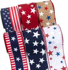 Patriotic Wired Ribbon,6 Rolls Stars and Stripes/Navy and Red Star/Glitter Star