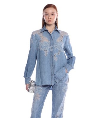 Ermanno Scervino Italy Floral Appliqué Denim Button Down Shirt size Small $1495