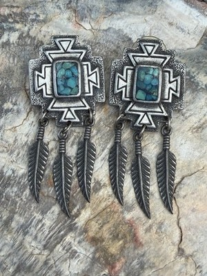 Vintage EGE Pewter SW Tribal Pattern Turquoise Chip Inlay Feather Earrings 1990