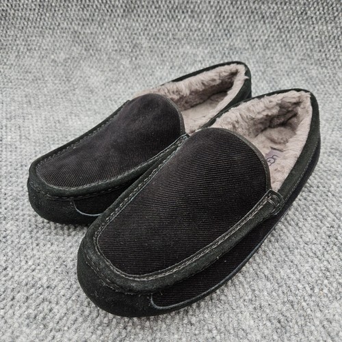 UGG (Men's 12) Black Ascot Corduroy Slippers Moccasins Shearling House Shoes