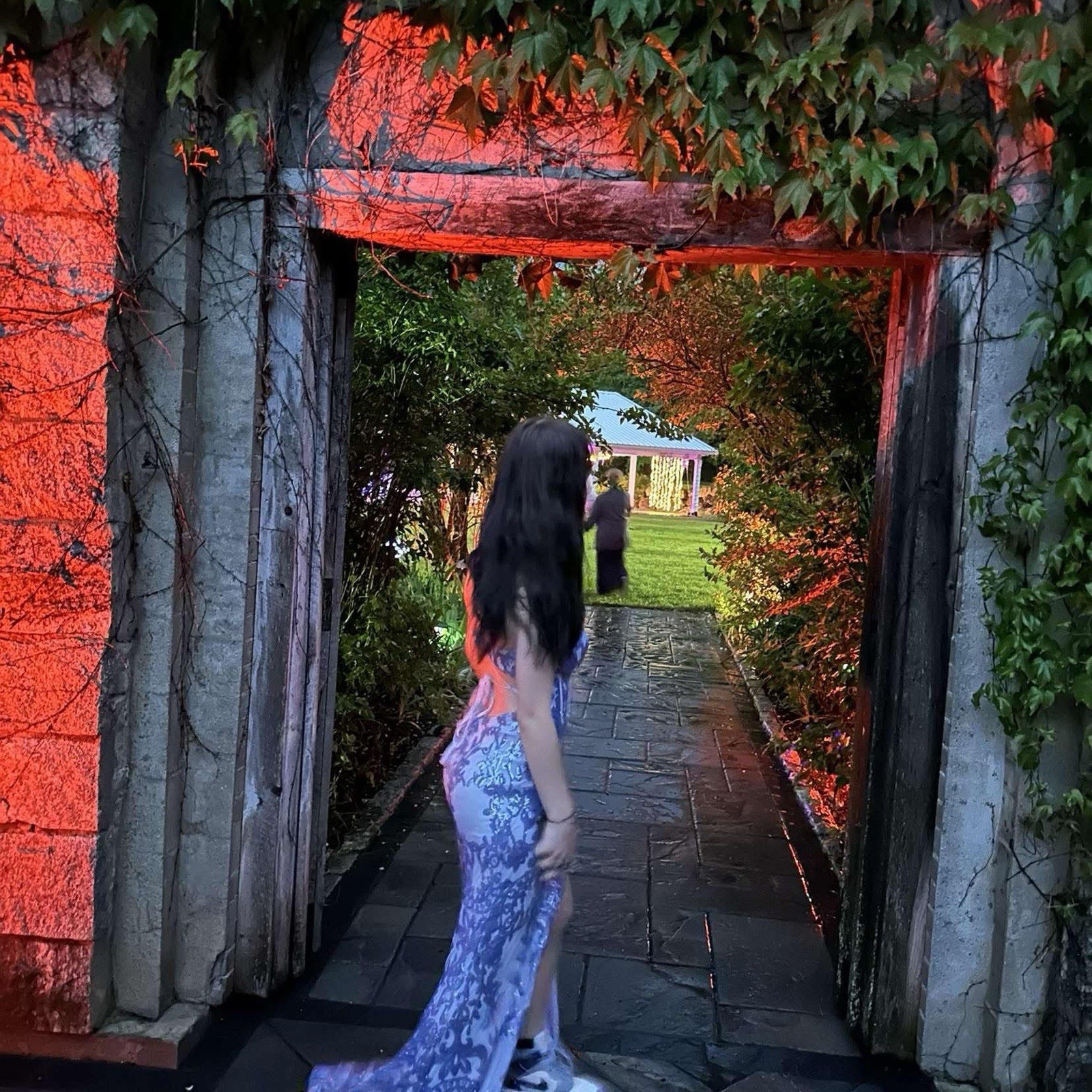 Blue purple Floral Sleeveless Long Formal prom Gown with Side Slit