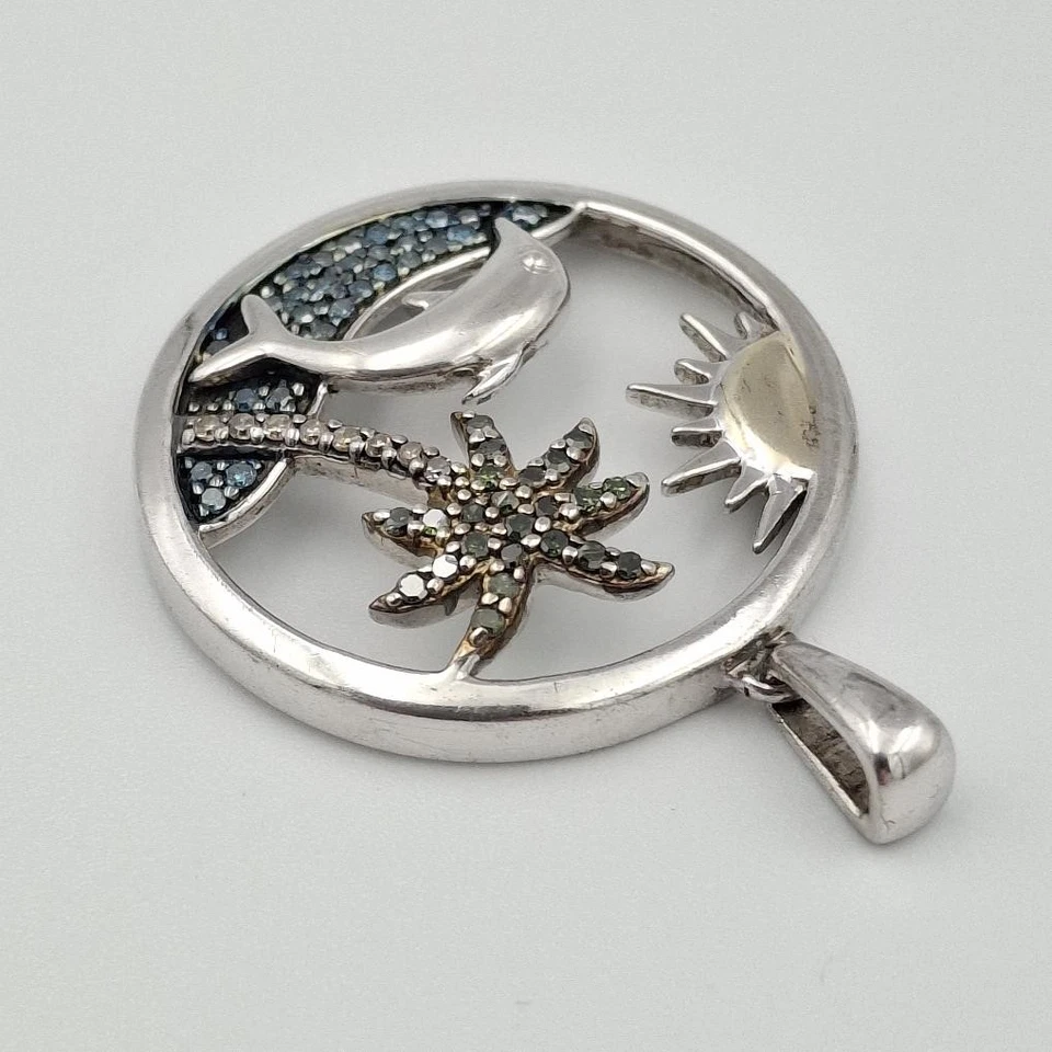 Colgante de playa palmera delfín océano diamante verde y azul plata de ley 925 Foto 4 de 4