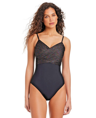Beyond Control Draped Metallic One-Piece Swimsuit Black Multi Women's Sz 12 NWT