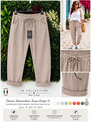Damen Sommerhose Taupe Greige Leinenlook Stretchhose Made in Italy Curvy 40-48
