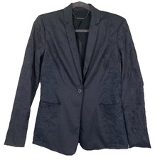 Elie Tahari Linen Blend Blazer Jacket Size 4 Navy Embroidered Eyelet Career Boho