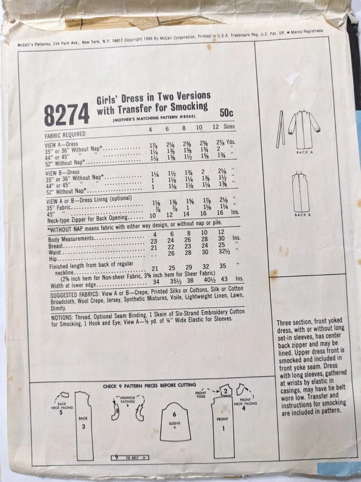 50s Vintage McCall's Pattern 5291 Girls Dress Two Versions With Smocking Sz 8 - Image 2 of 2