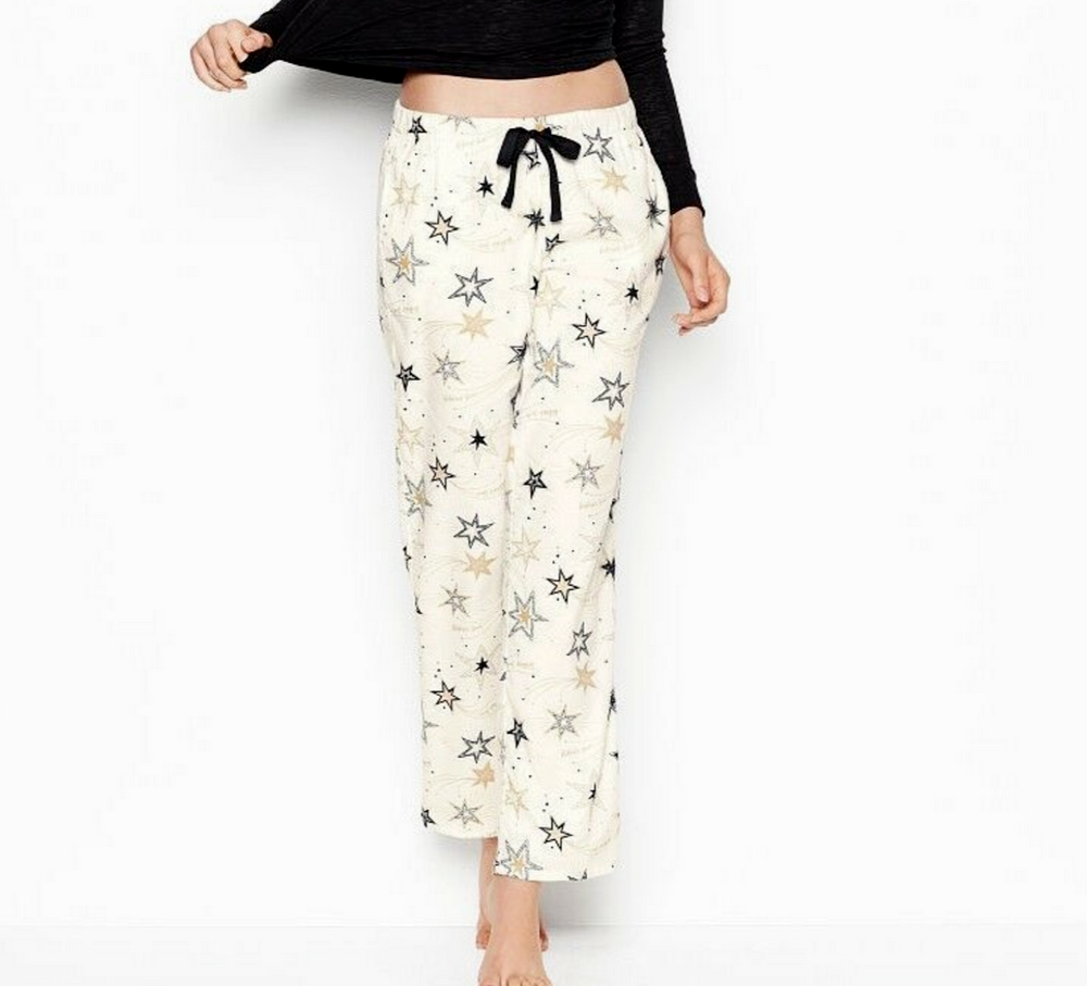 VICTORIA'S SECRET WOMEN'S WHITE STARS PRINT FLANEL POCKETS PAJAMA PANT L Short