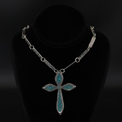 One Of Most Unique Vintage Southwestern Sterling Silver Turquoise Cross Necklace One Of Most Unique Vintage Southwestern Sterling Silver Turquoise Cross Necklace