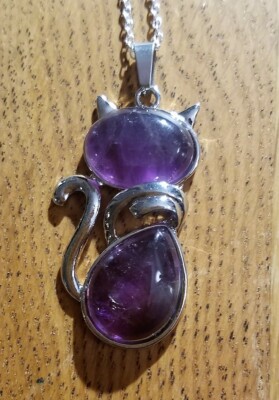 Amethyst Cat Pendant on 20'' Silverplated chain, Reiki, Bastet, Cat Goddess Magic