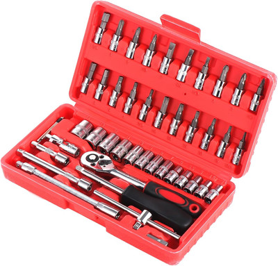 46PCS Socket Set,1/4'' Drive Ratchet Socket Wrench Driver Bits Metric Set Flexibl