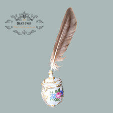 Vintage Limoges Hand Painted Porcelain Ink Well with Quill Holder