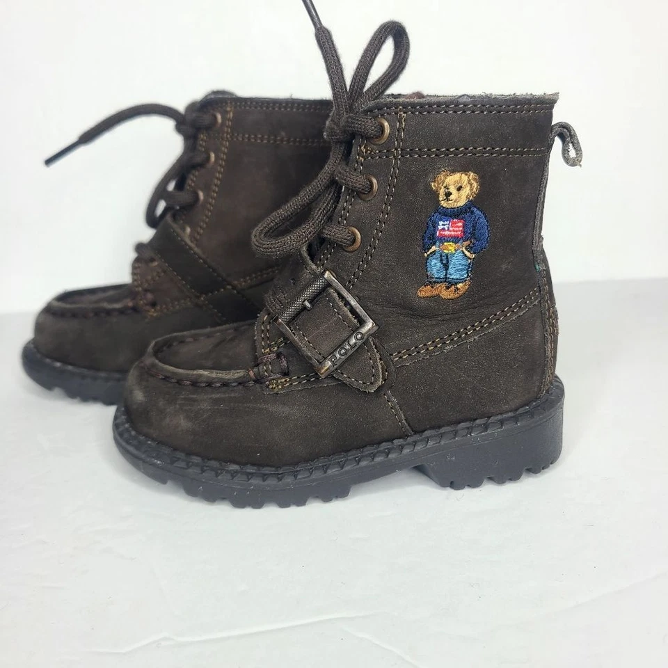 Polo Ralph Lauren 男孩皮革麂皮绒熊游骑兵战斗高筒靴深棕色 6 码 — 第 3/4 张图片