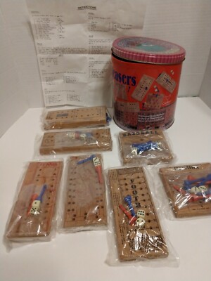 Vtg Sports Teasers 7 Games & Brain Busters Wood Pegs in Tin Can by Cardinal 1990