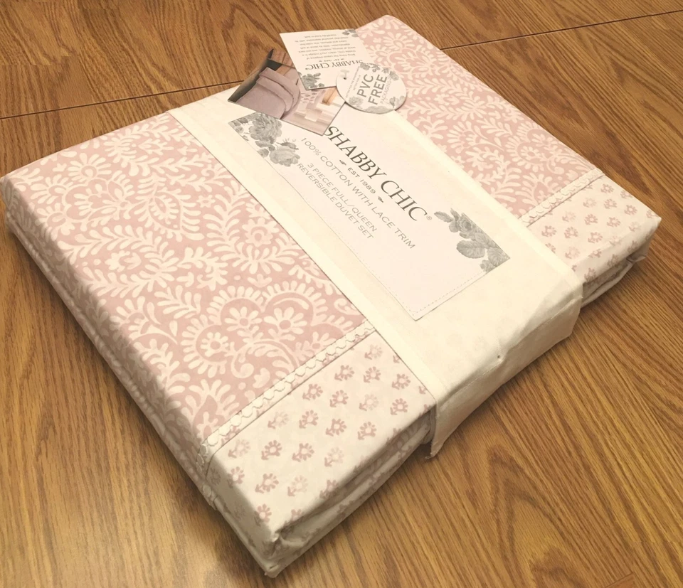 Juego de edredón Shabby Chic algodón encaje ribete completo reina reversible 3 piezas - blanco y rosa Foto 4 de 4