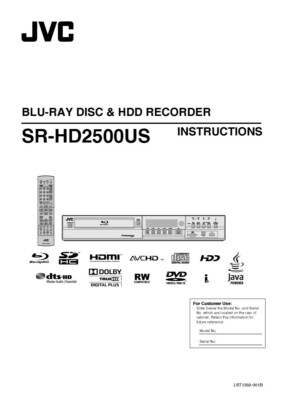 JVC SR-HD2500US Blu-Ray Player Owners Instruction Manual Reprint