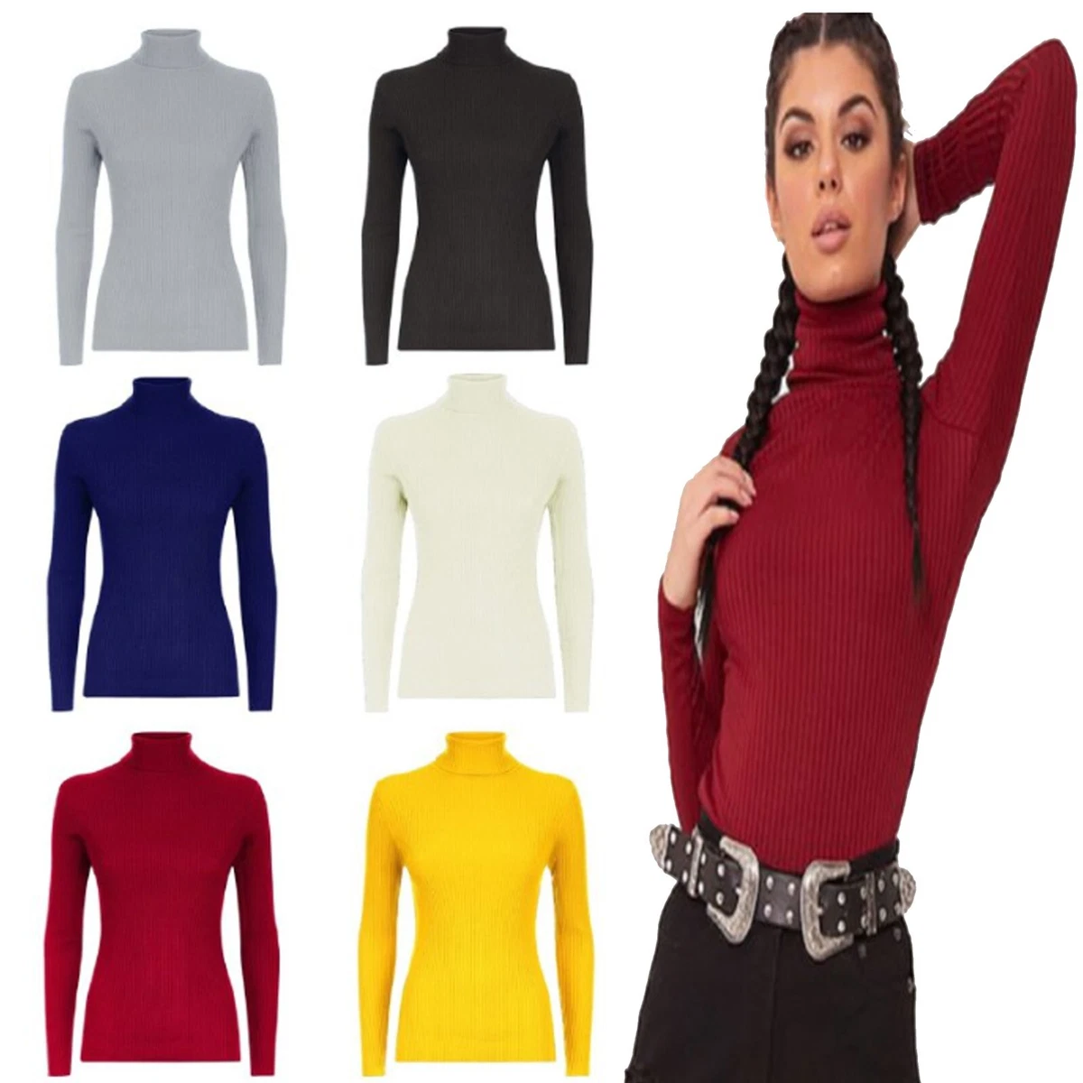 Women Long Sleeves Ribbed Turtle Polo Neck Jumper High Roll