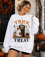Trick or Treat Halloween Sweatshirt Cute Ghost Black Cat Pumpkin Spooky Fall