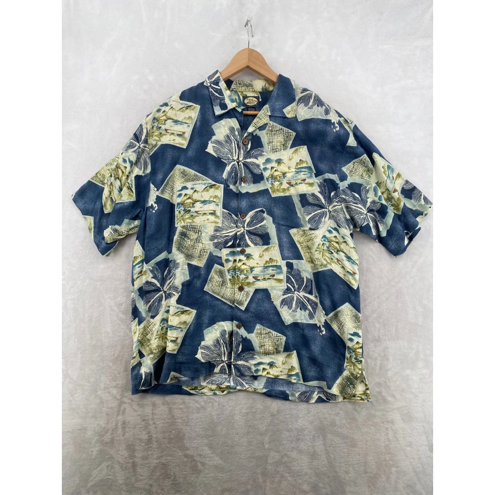 Tommy Bahama Camp Shirt Mens L Blue Linen Tropical Postcard Print Short Sleeve