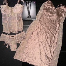 Victoria's Secret 32B liguero CORSÉ+braguita+XS SLIP BEIGE MARRÓN LÁMINA DORADA topo