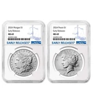 2024 $1 Morgan and Peace Silver Dollar 2pc Set NGC MS69 ER Blue Label
