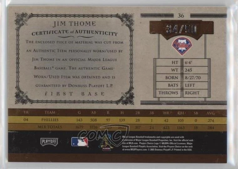 2005 Playoff Prime Cuts Bats /50 Jim Thome #36 HOF - Image 2 of 2