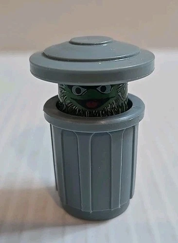 Vintage Sesame Street Little People Oscar The Grouch Trash Can Toy Figure