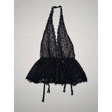 Victorias Secret Black Lace Halter Babydoll Garter Lingerie Medium Floral Sheer