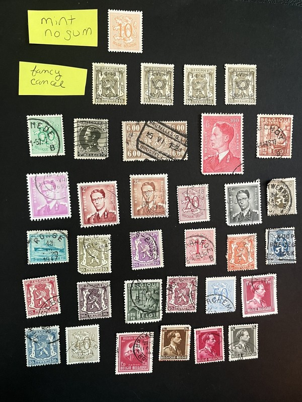 Belgium Stamps Lot of 34 incl 1 mint no gum, 4 fancy cancel Used all shown L105