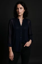Fate Women’s Navy Blue Sheer Pleated Button Down Blouse Size S Romantic Goth