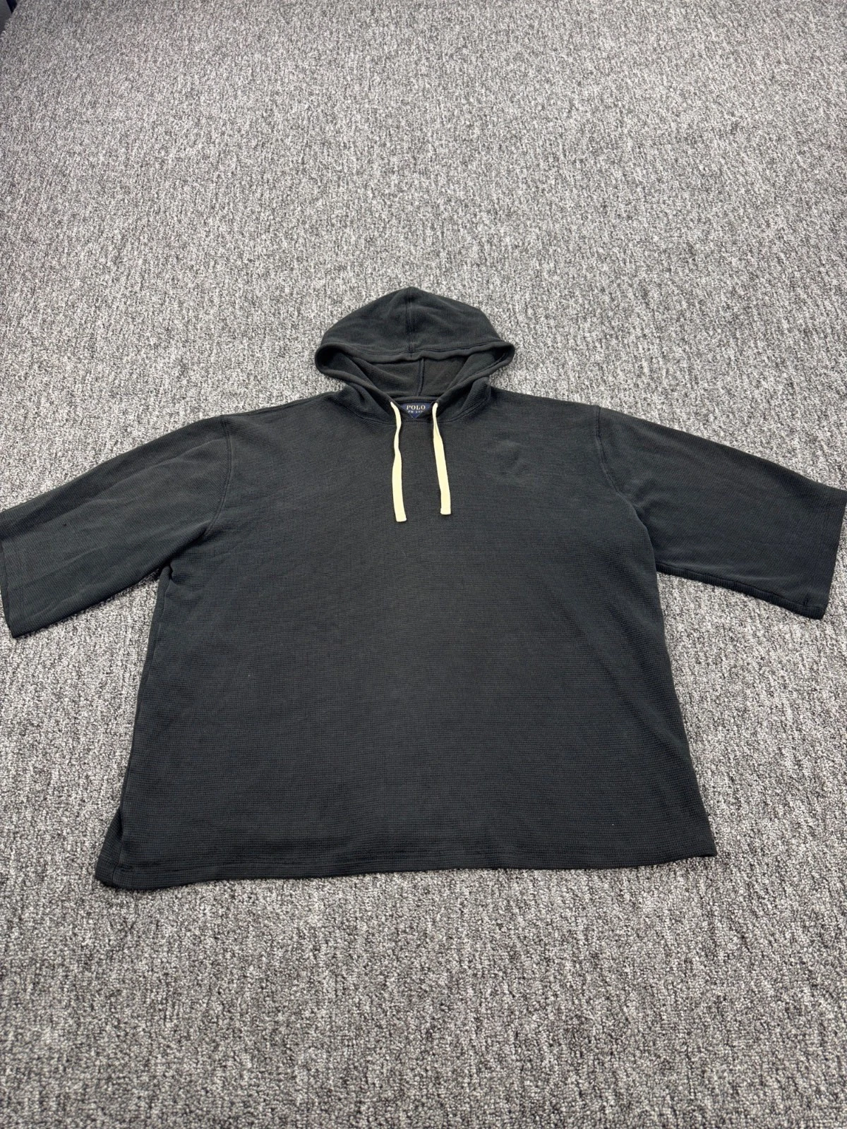 Polo Ralph Lauren Hoodie Men XL Black Waffle Knit Pullover Thermal Sweatshirt