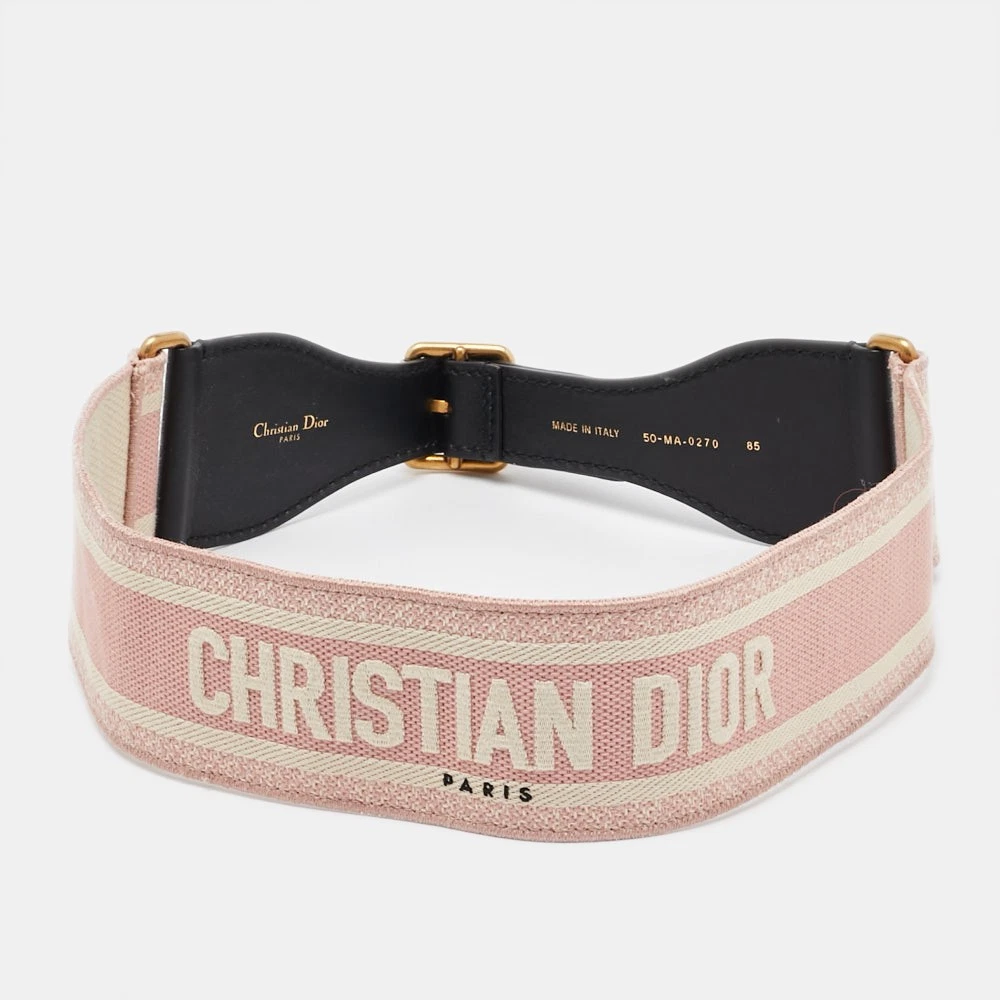 Ceinture Dior rose clair/blanc logo brodé toile et cuir 85 cm