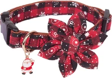 Christmas Dog Flower Collar, Adjustable Red Plaid Pet Xmas Collars with Removabl