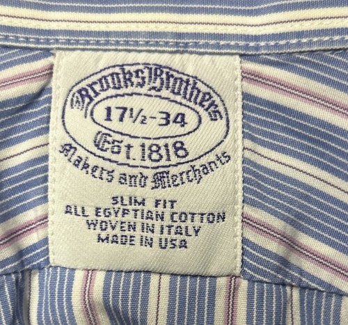 Brooks Brothers Shirt 17.5-34 Red, White & Blue Striped Italy French Cuff Unworn - Picture 5 of 5