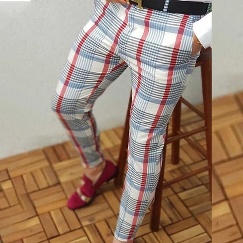 Mens Casual Plaid Bottoms Men Summer Leisure Button Trousers Fitted Long Pants - Picture 11 of 19