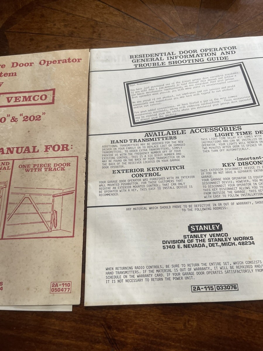 Stanley vemco automatica Garage Door operation installation MANUAL