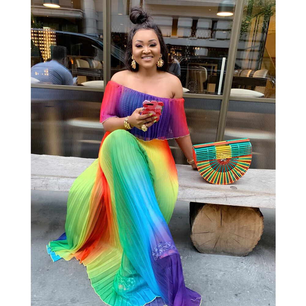 Rainbow Print Maxi Dress Women Off Shoulder Long Party Gown